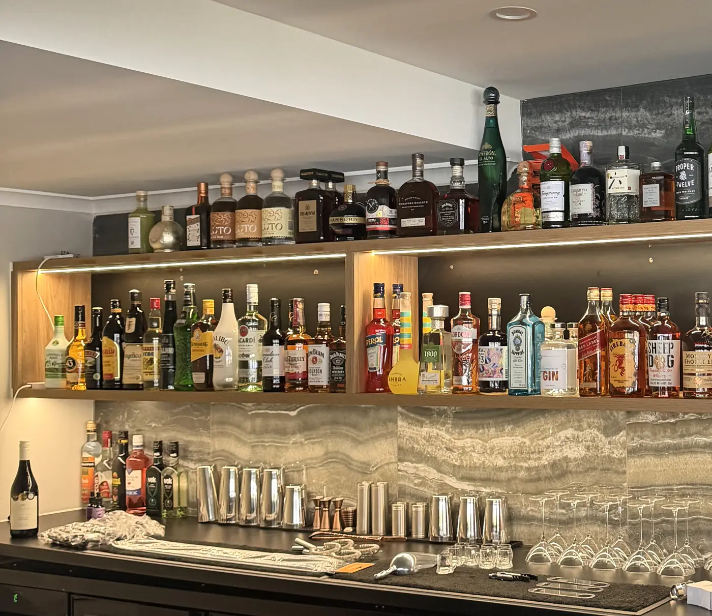 The back bar at The Foggy Lantern